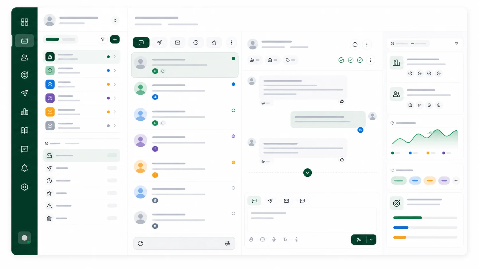 Mockup de inbox comercial por cliente con clasificación de respuestas