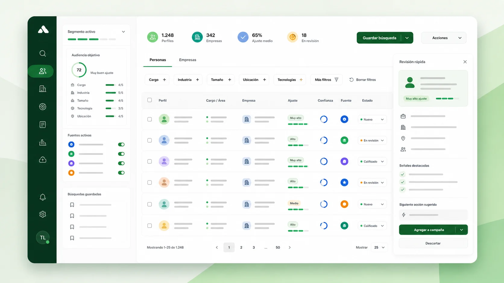 Mockup de resultados de prospección con personas y empresas cualificadas