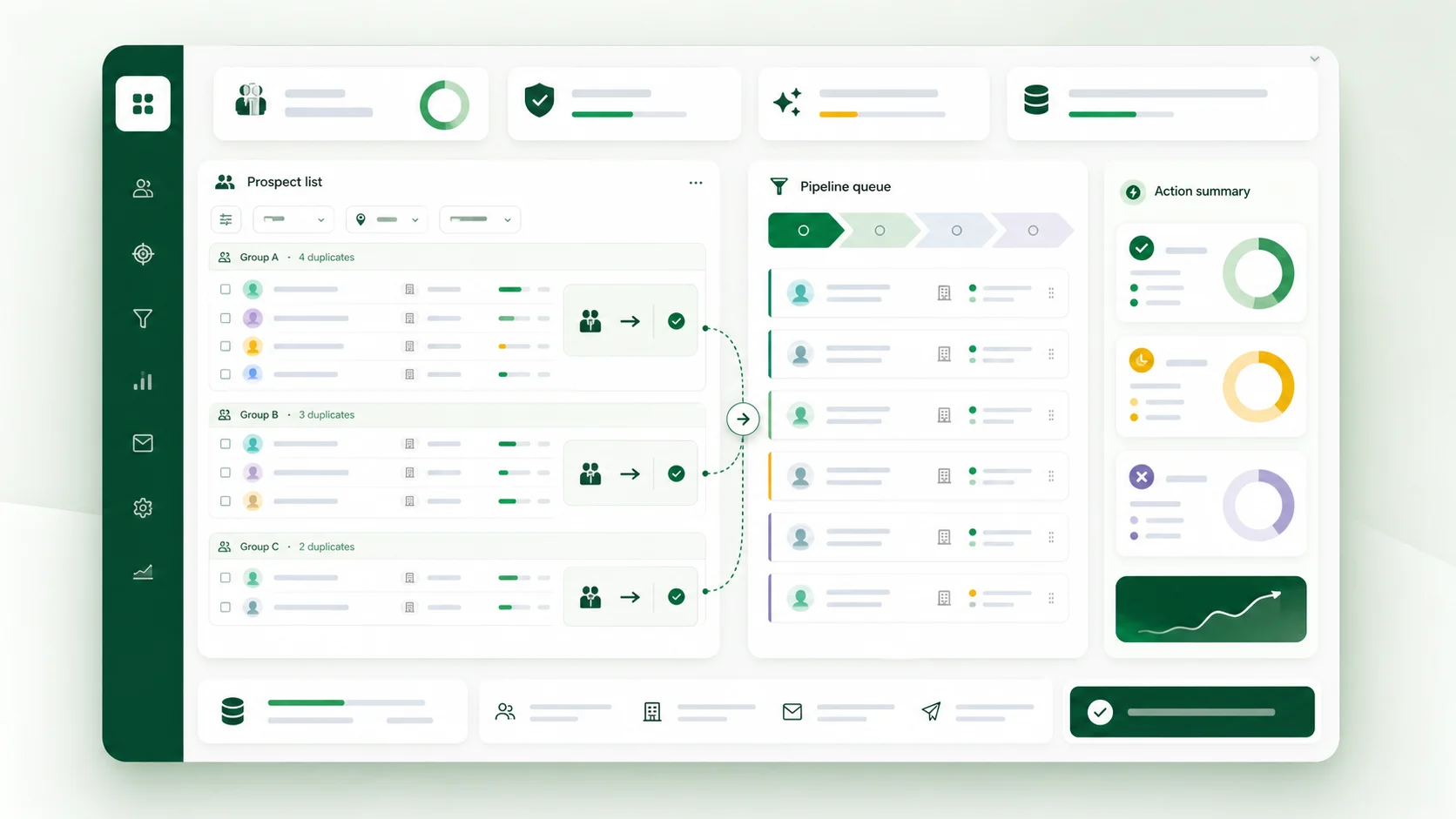 Mockup de lista depurada con estados de prospección y leads accionables
